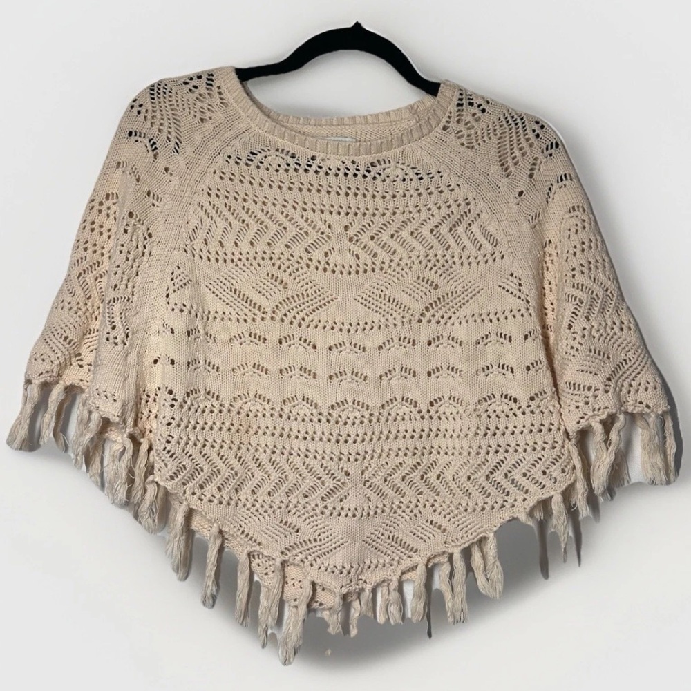 Garnet Hill Kids Poncho Cream Crochet Large Organic Cotton Boho Fringe Western